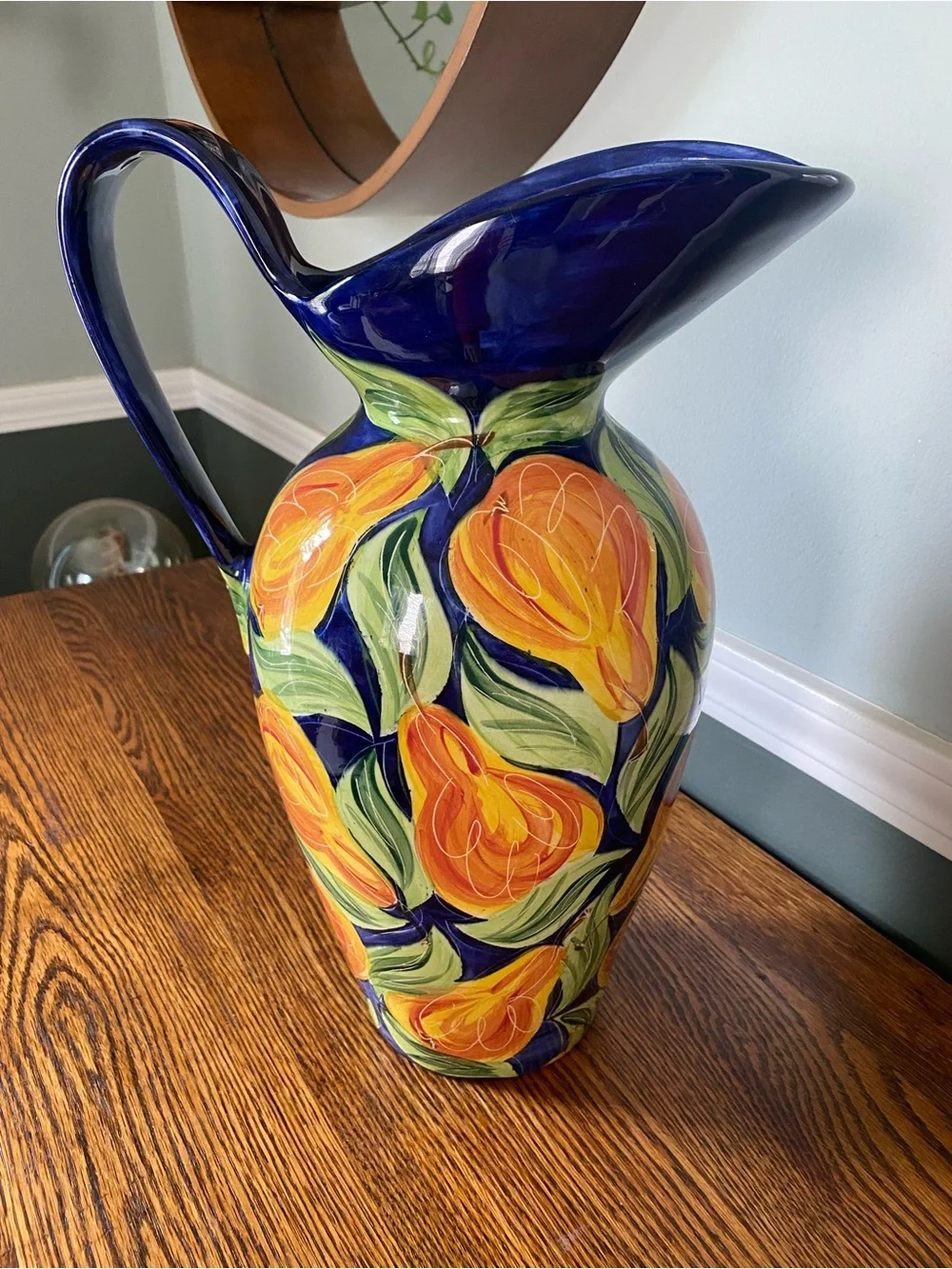 Vintage 90s Large Hand Painted Ceramic Vase / Jug Fruit Motif Blue Orange